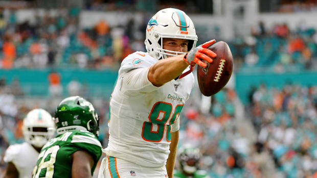 Nov 3, 2019; Miami Gardens, FL, USA; Miami Dolphins tight end Mike Gesicki (88) reacts after making a catch for a first down against the New York Jets during the first half at Hard Rock Stadium. Mandatory Credit: Jasen Vinlove-USA TODAY Sports